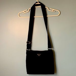 Prada Nylon Messenger bag black with dust bag.   Vintage 12” x 10.5” drop 19.5”
